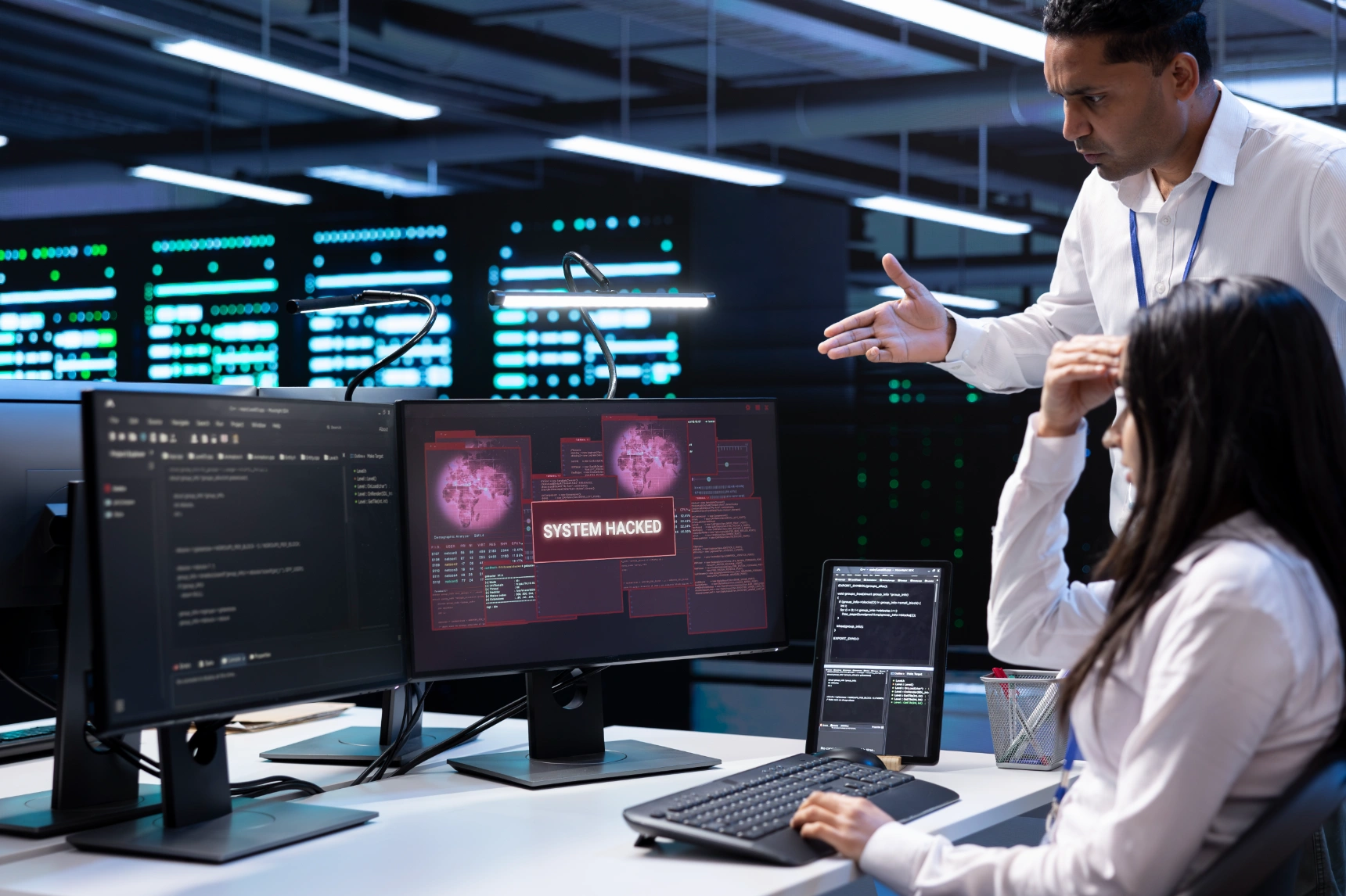 IT security team dealing with a system hacked alert in a control room.