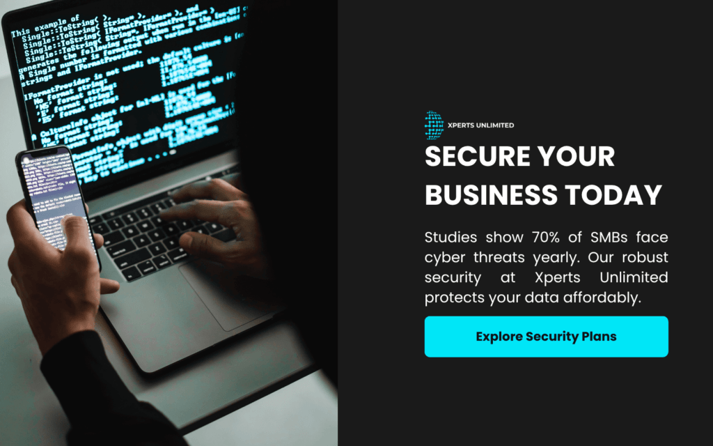 A person uses a laptop and smartphone displaying code, emphasizing secure your business today. Xperts Unlimited highlights that 70% of SMBs face cyber threats yearly, offering robust data protection plans to keep your business safe.