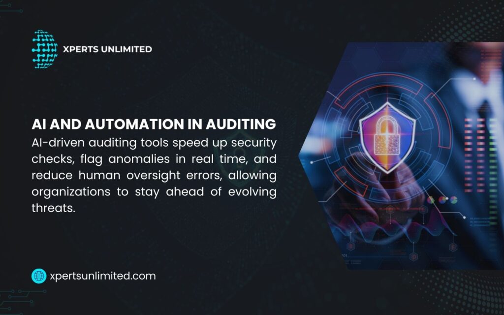 AI auditing infographic by Xperts Unlimited: AI-driven tools speed up security checks, flag anomalies in real time, and reduce oversight errors to combat evolving threats.