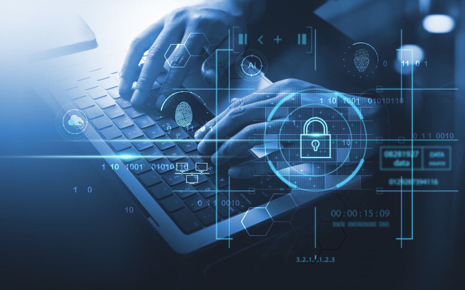 Hands typing on a keyboard with a futuristic interface displaying security elements like a lock, fingerprint, and binary code, emphasizing cybersecurity.