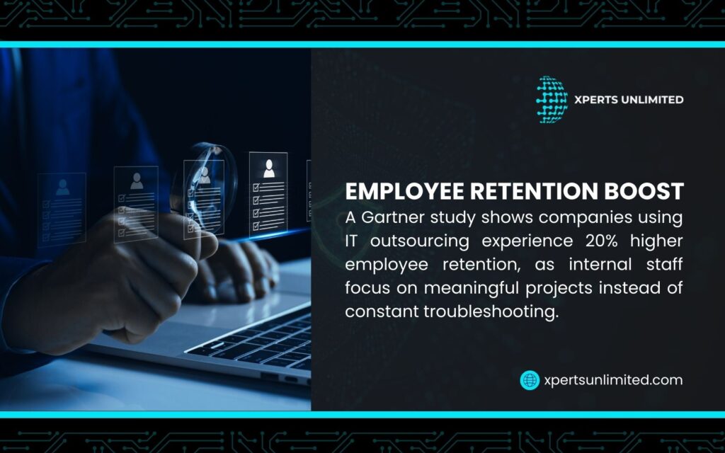 IT outsourcing infographic by Xperts Unlimited citing a Gartner study: companies using IT outsourcing experience 20% higher employee retention due to meaningful projects.