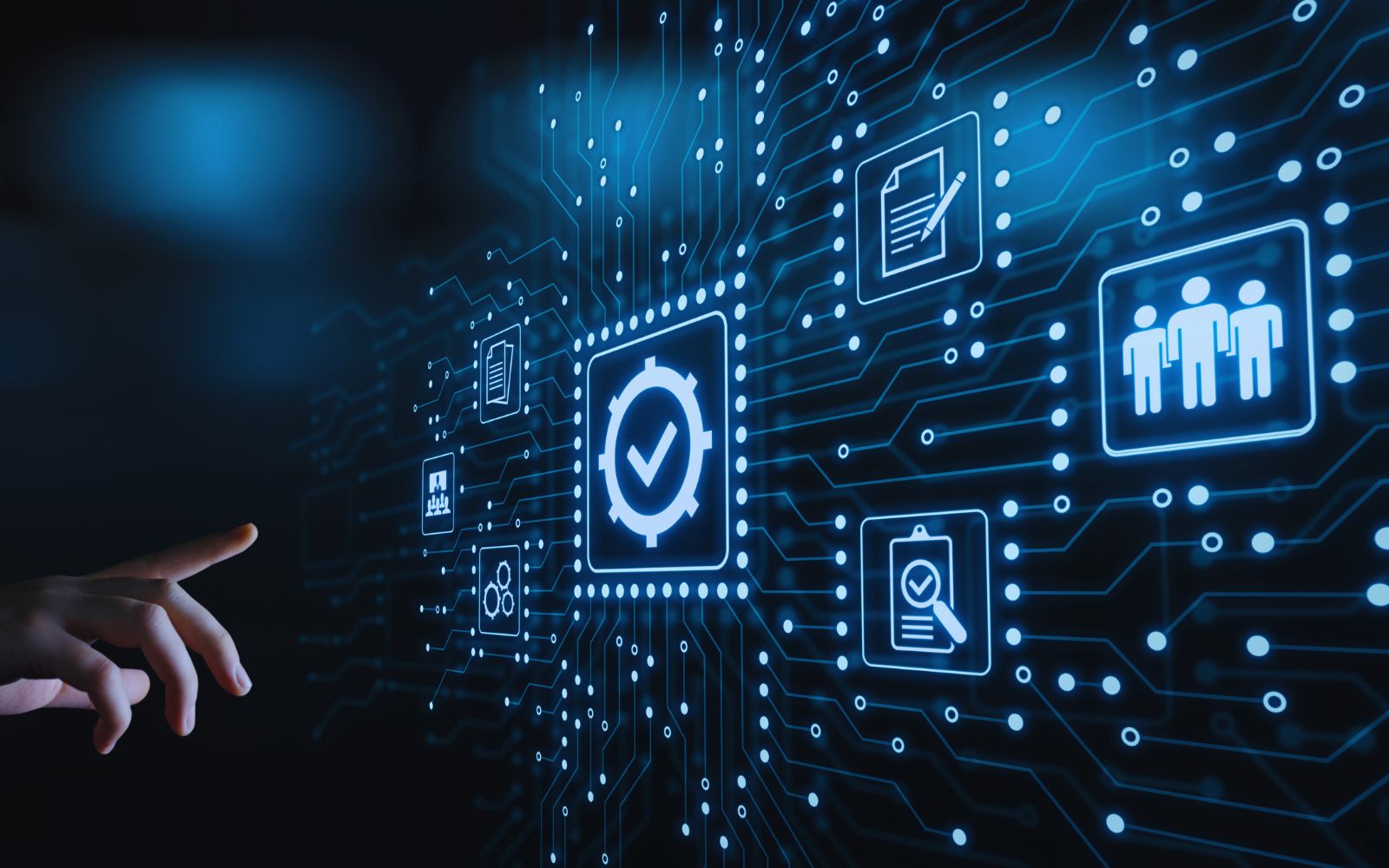 Image showcasing IT compliance with a hand interacting with a digital interface featuring a checkmark icon and various tech symbols on a circuit board background.